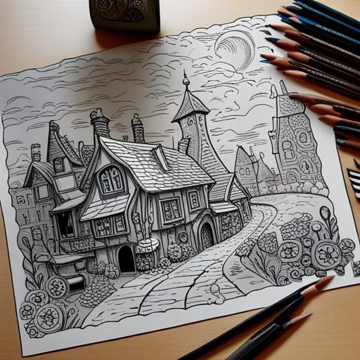 Steampunk Mice Village: A Coloring Page in Fantasy Style