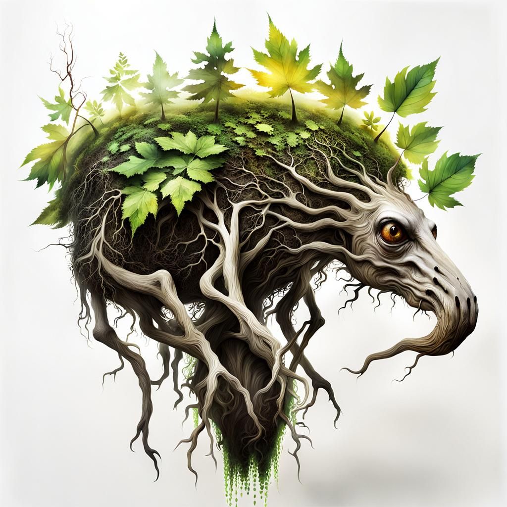 Double Exposure: Root Creature in Dystopian Cityscape