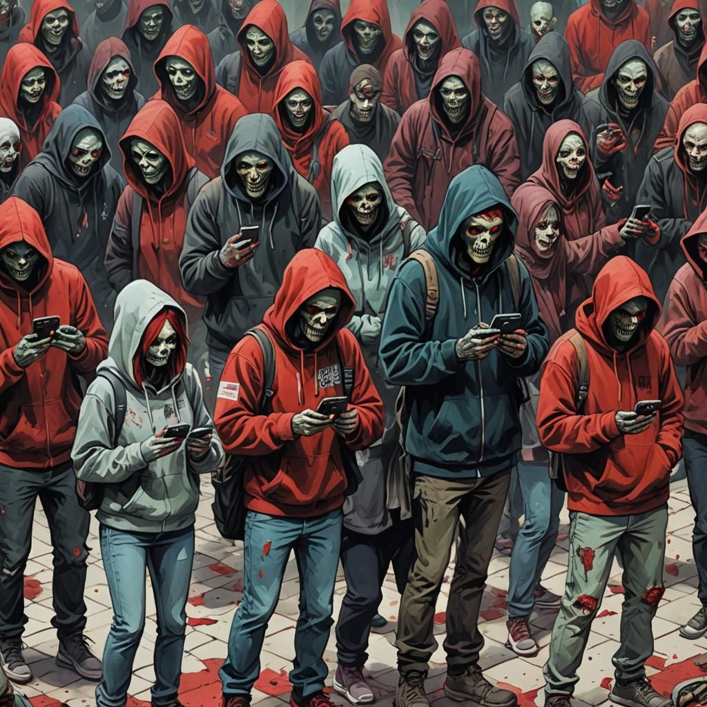 Zombies in Hoodies Obsessed with Cellphones, Enki Bilal Styl...