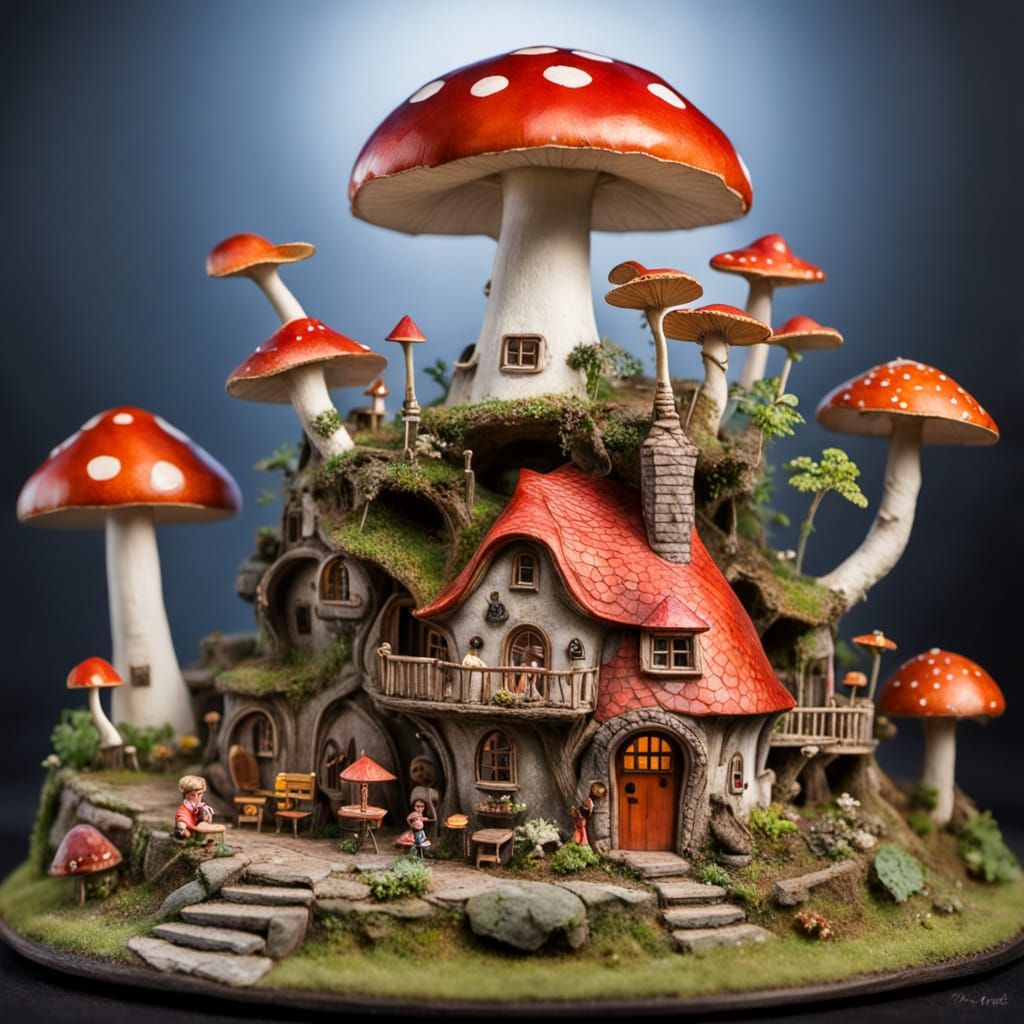 Miniature Village Inside Mushroom, Fairy Tale Illustration
