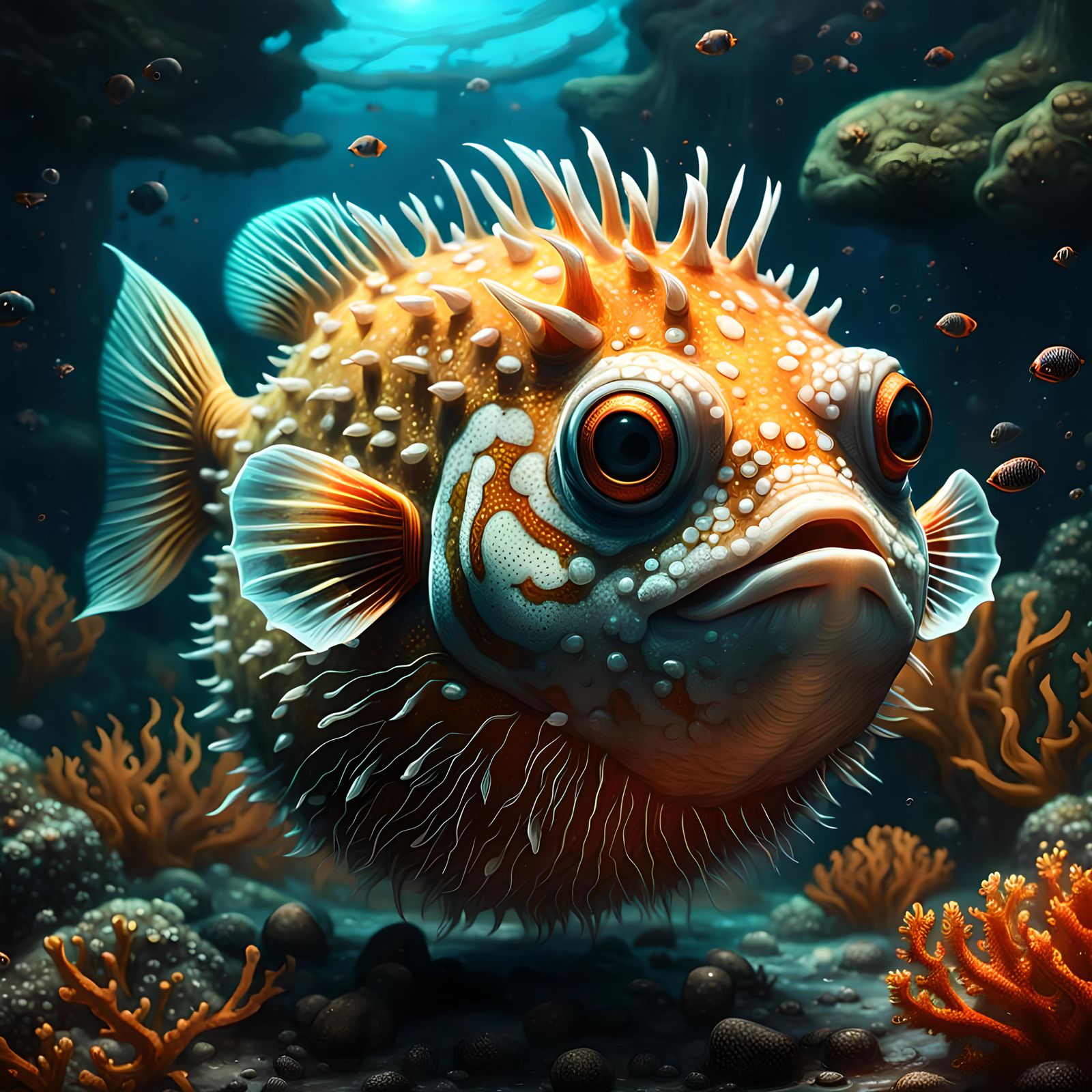 Detailed Pufferfish in Coral Reef, Digital Art