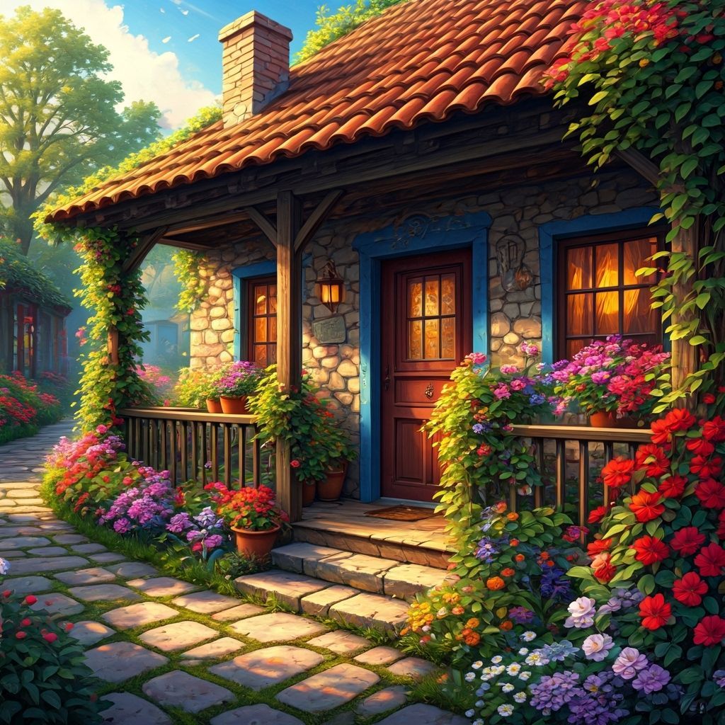 Dreamy Cottage with Calico Cat, Painterly Illustration