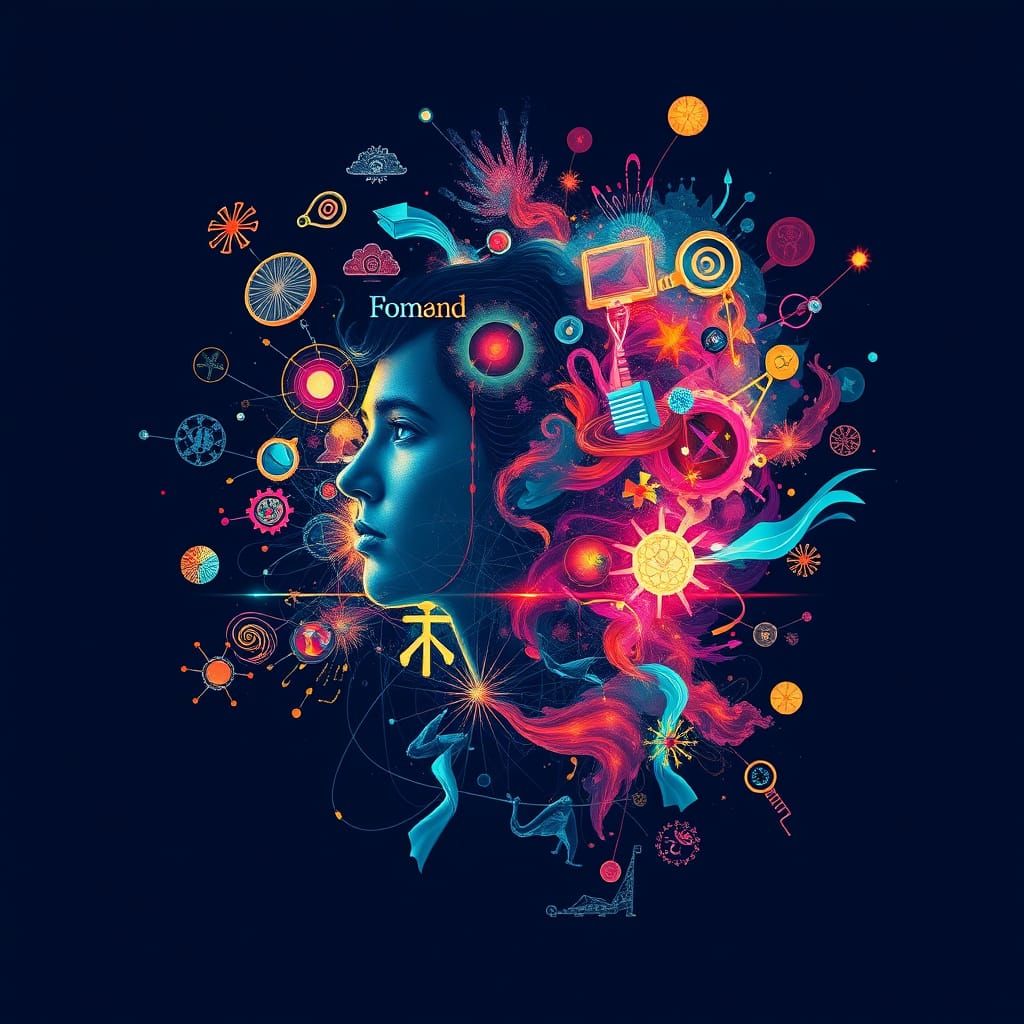 Thinker Double Exposure with Swirling Ideas