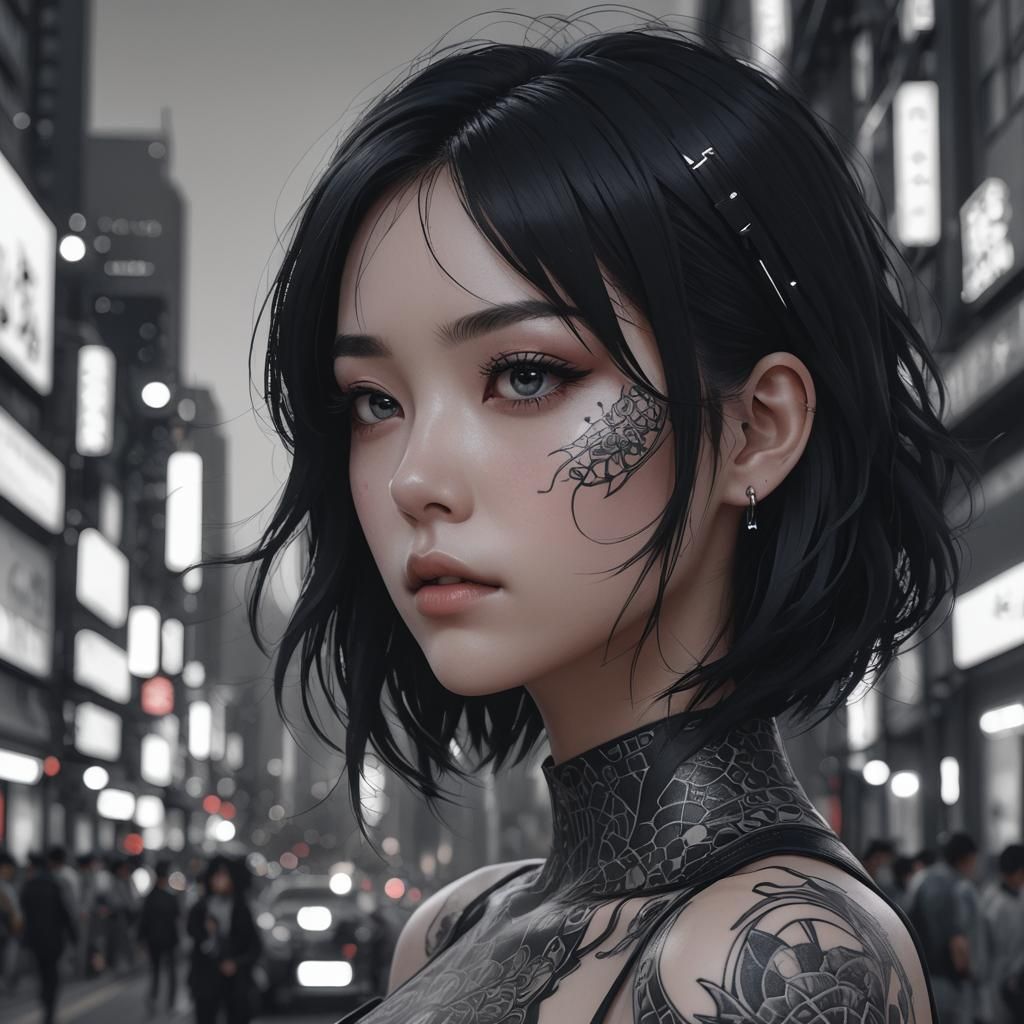 Monochrome Anime Girl with Cheek Tattoo in City