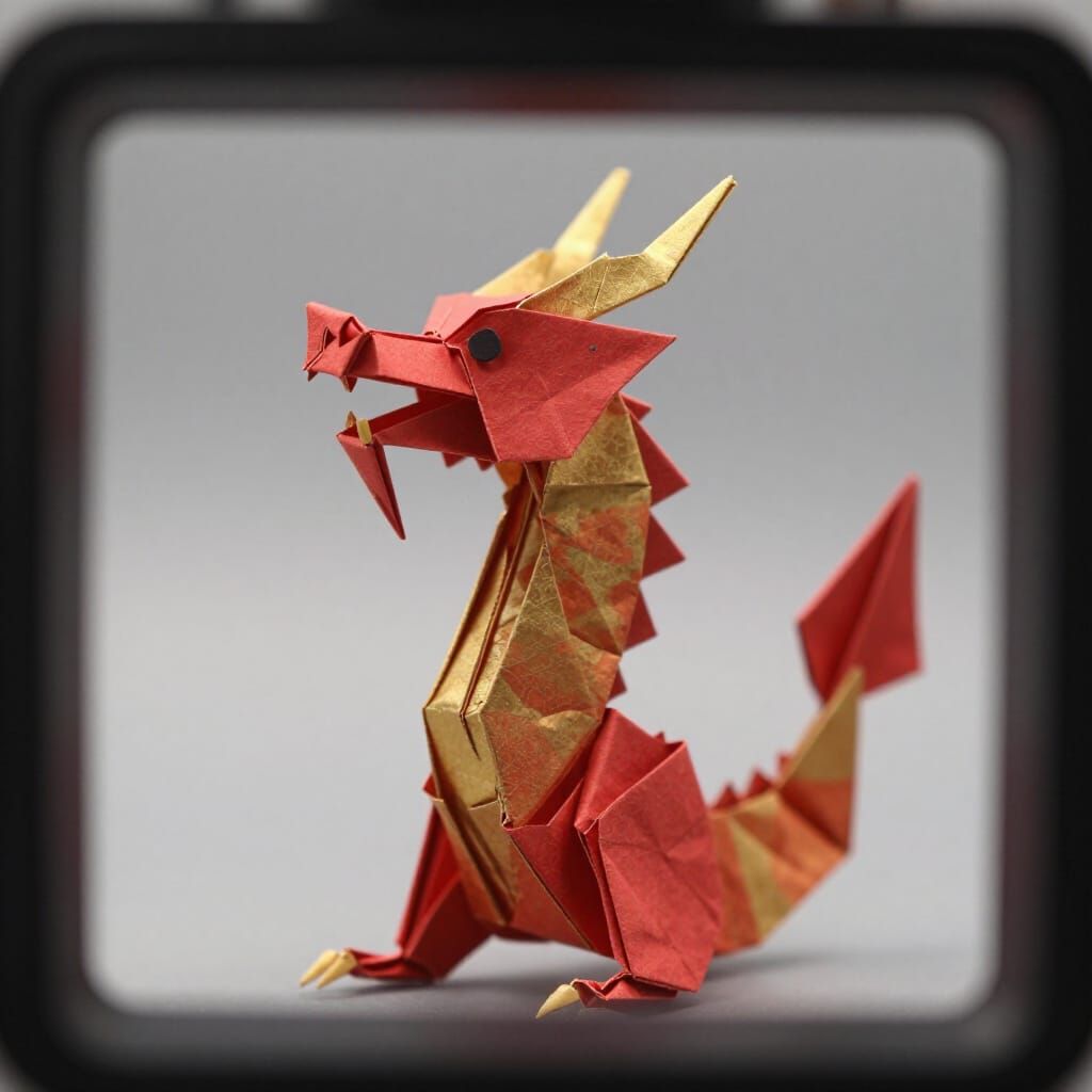 Vibrant Origami Dragon in Webcam Frame