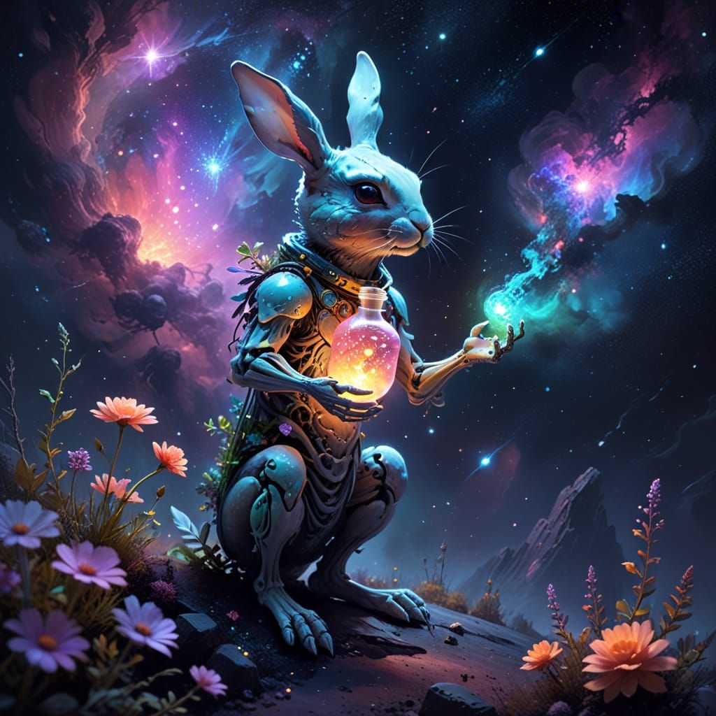 Skeletal Rabbit With Glowing Potion in Cosmic Nebula