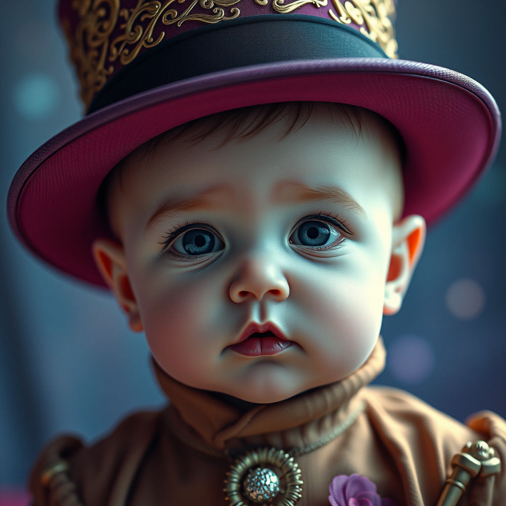 Baby in High-Fashion Hat, Dreamlike Digital Art