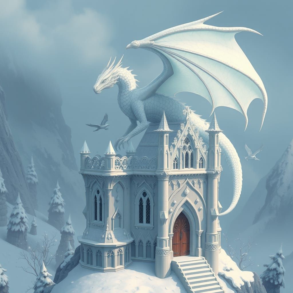 White Dragon on Winter Tower in Digital Painting Style
