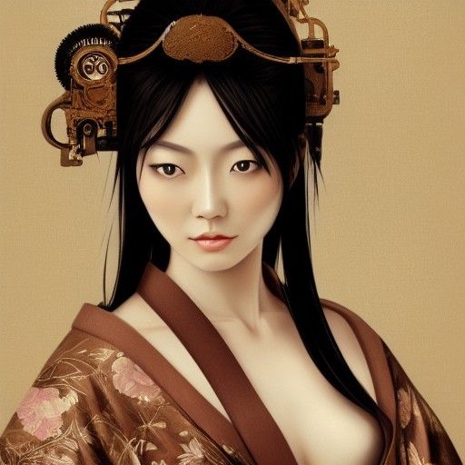 Elegant Japanese Woman in Steampunk Silk Road Landscape