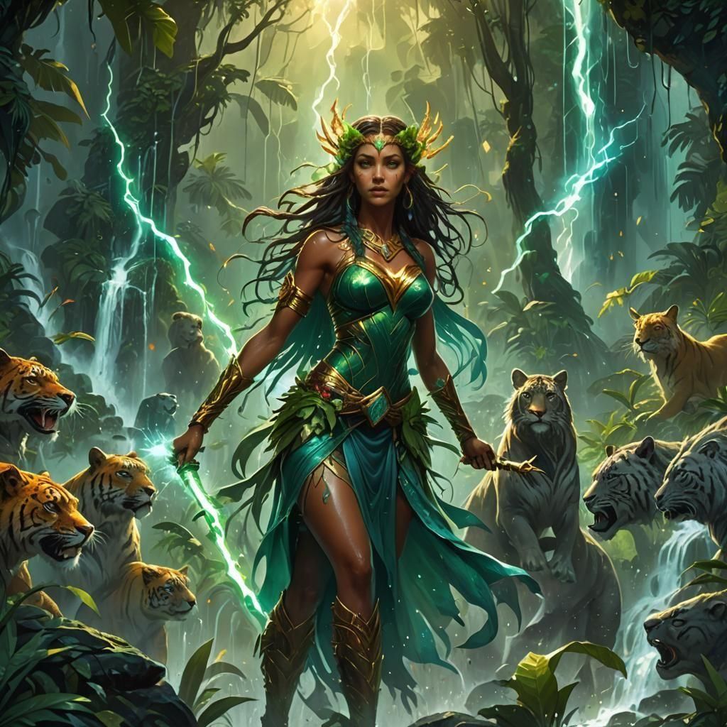 Forest Goddess Battles in a Rainforest