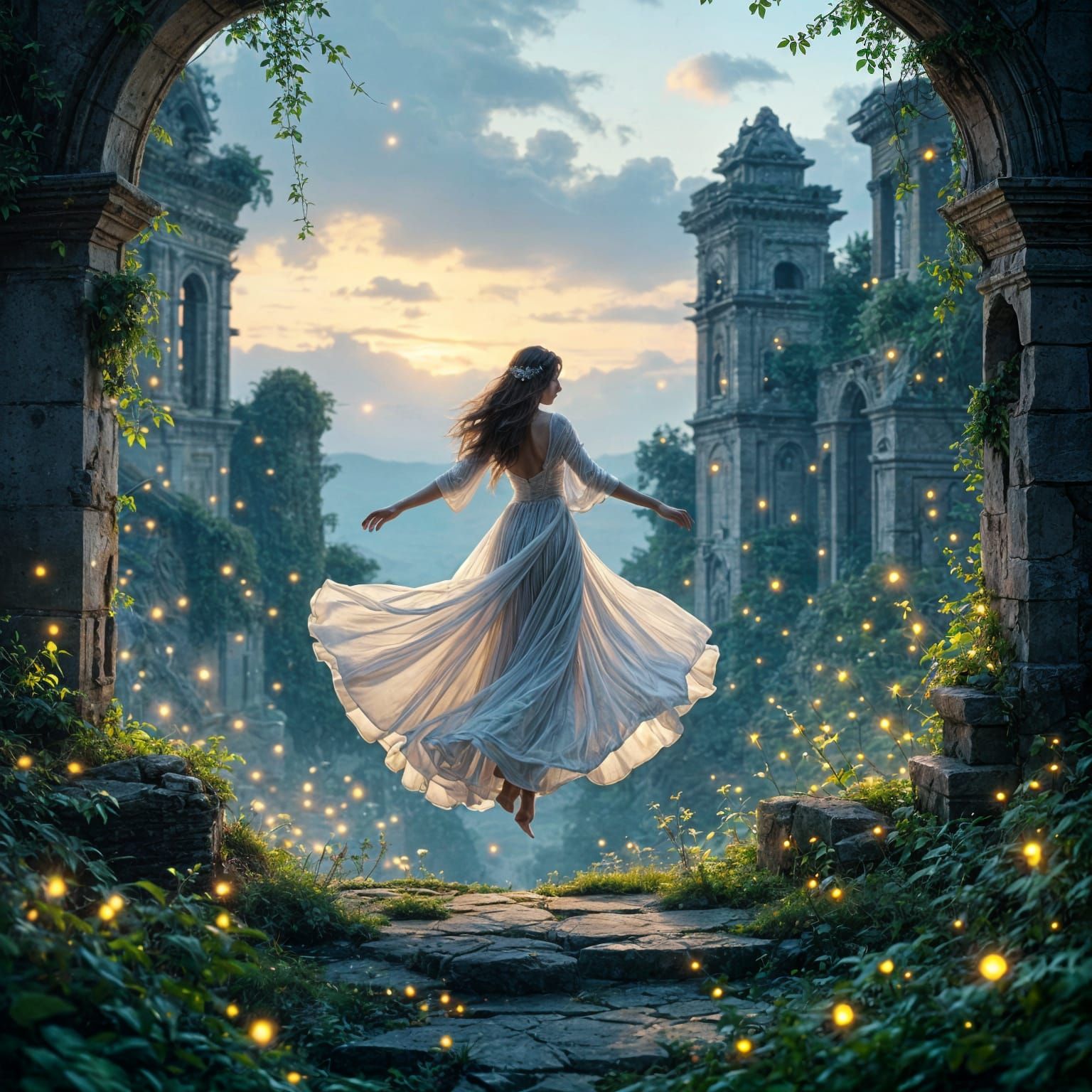 Ethereal Dancer Over Ancient Ruins in Twilight