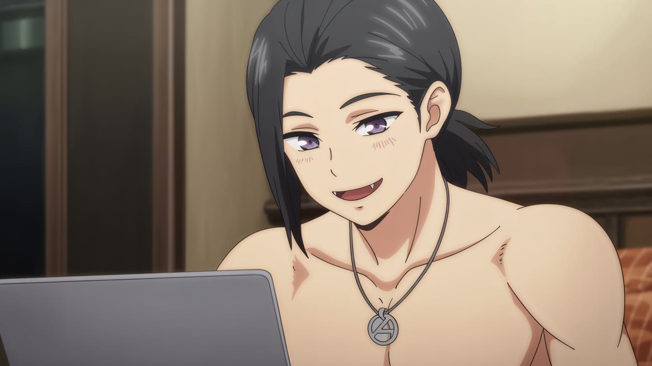 Charming Anime Man with Fangs in Cozy Digital Art