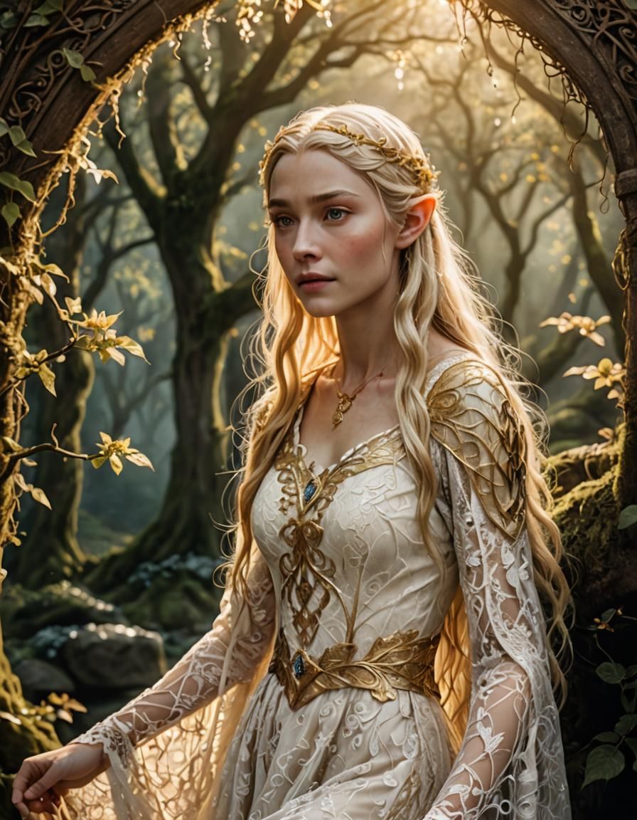 Galadriel, Elf Princess in White and Gold Lace Dress