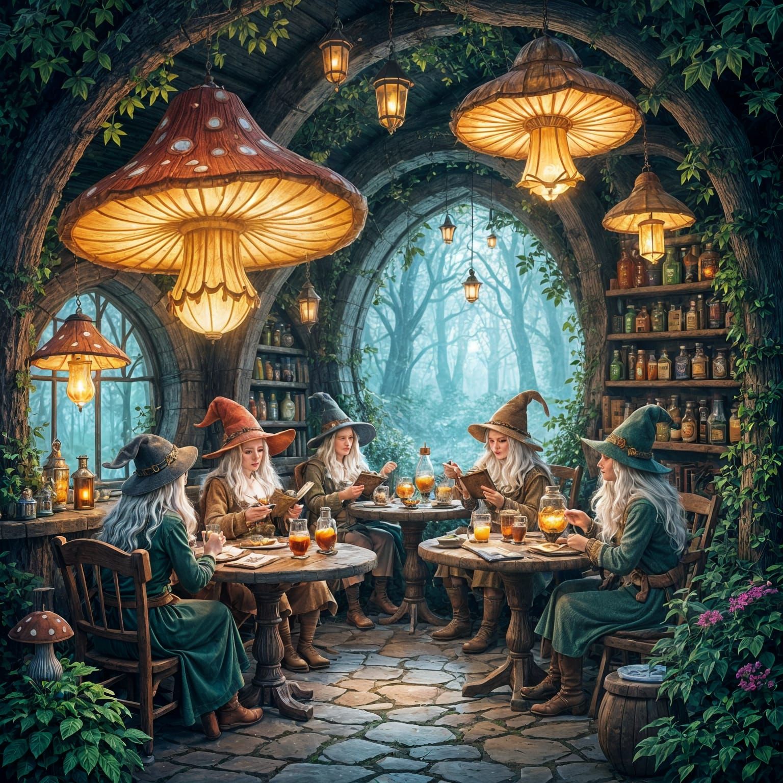 Magical Woodland Cafe with Mystical Creatures Serving Glowin...