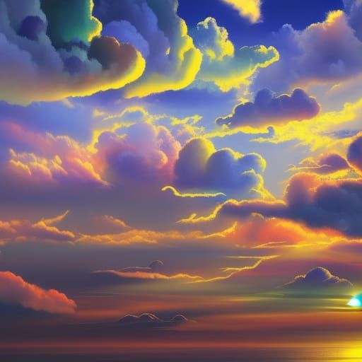 Skydiving Cat Among Clouds in Gouache Style