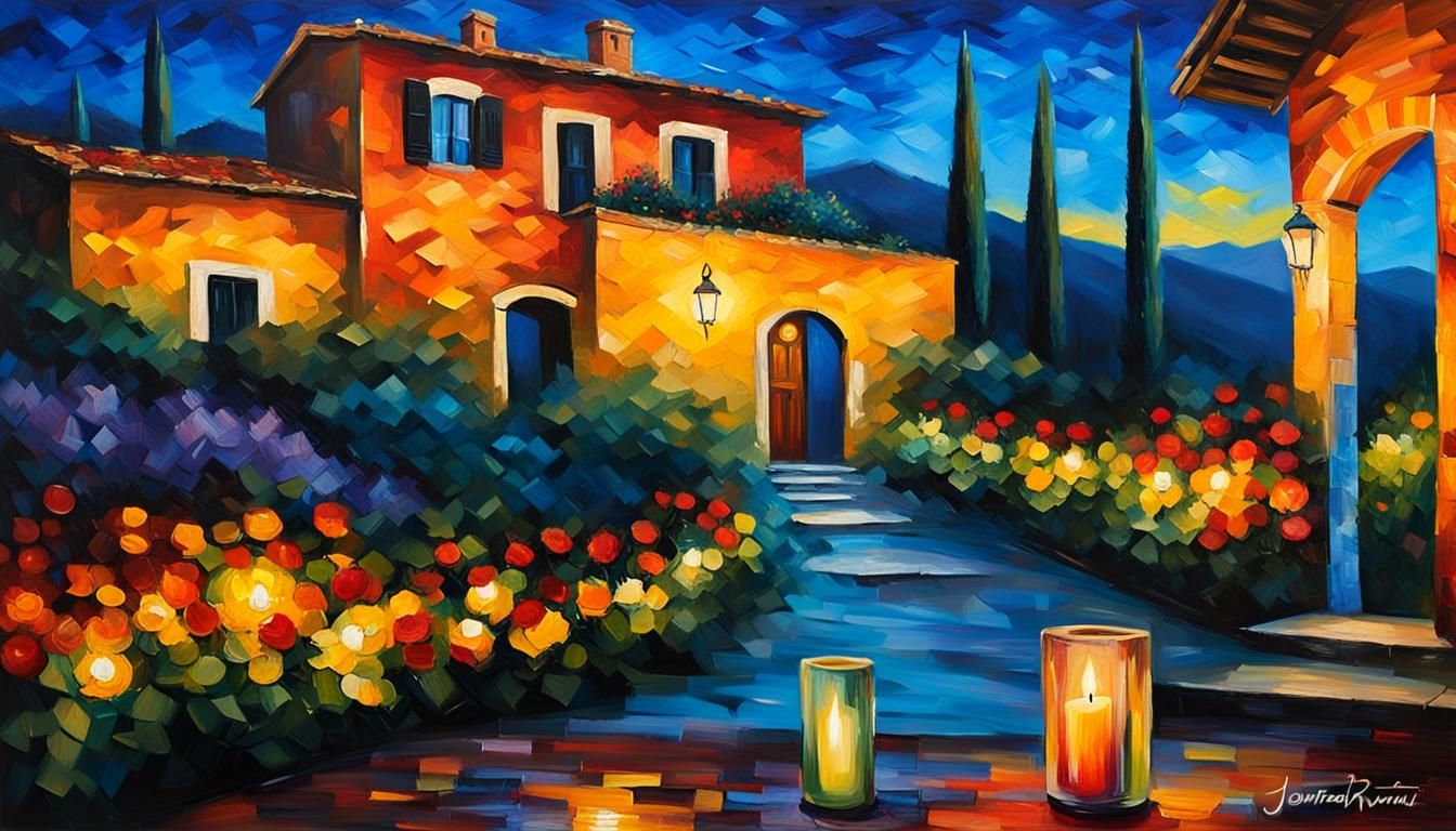 Tuscan Villa Night View in Impasto Style