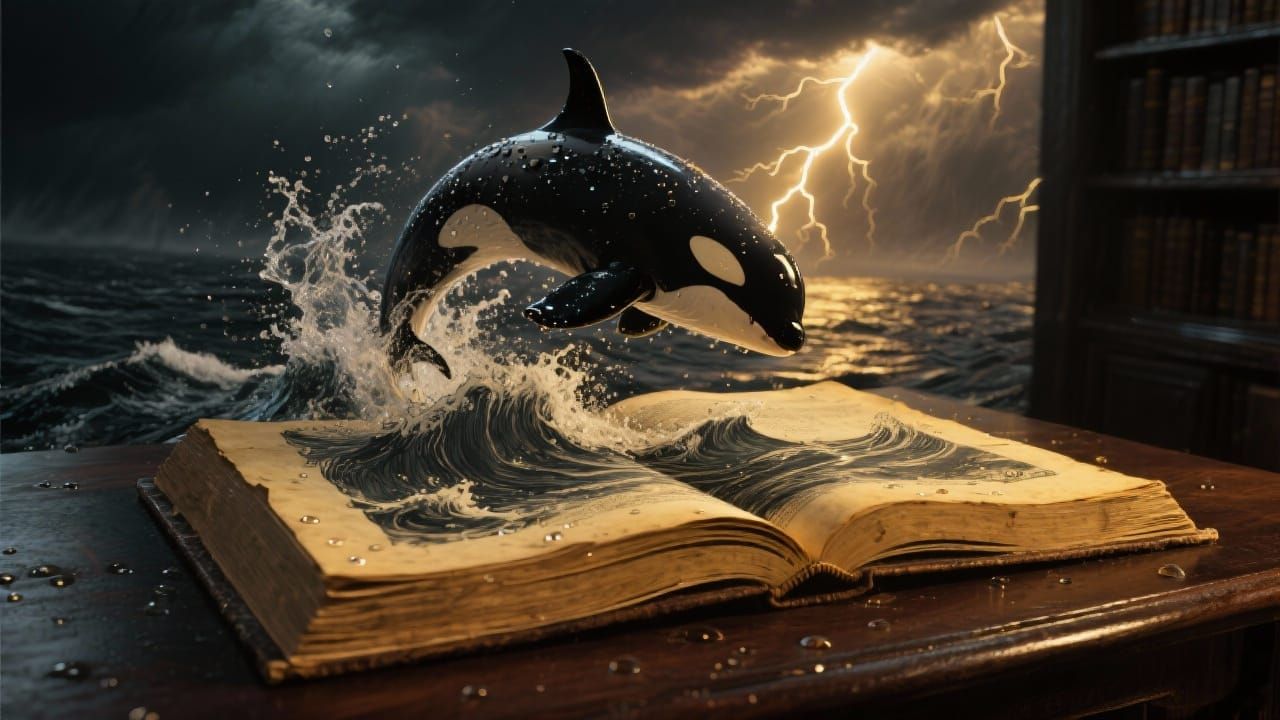 Ancient Book Pages Transform into 3D Ocean with Orca