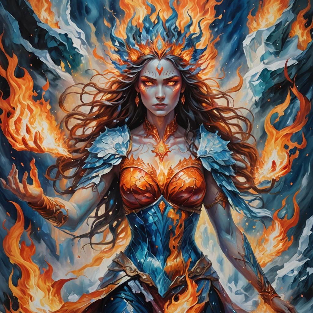 Goddess of Fire and Ice: Mythological Oil Painting