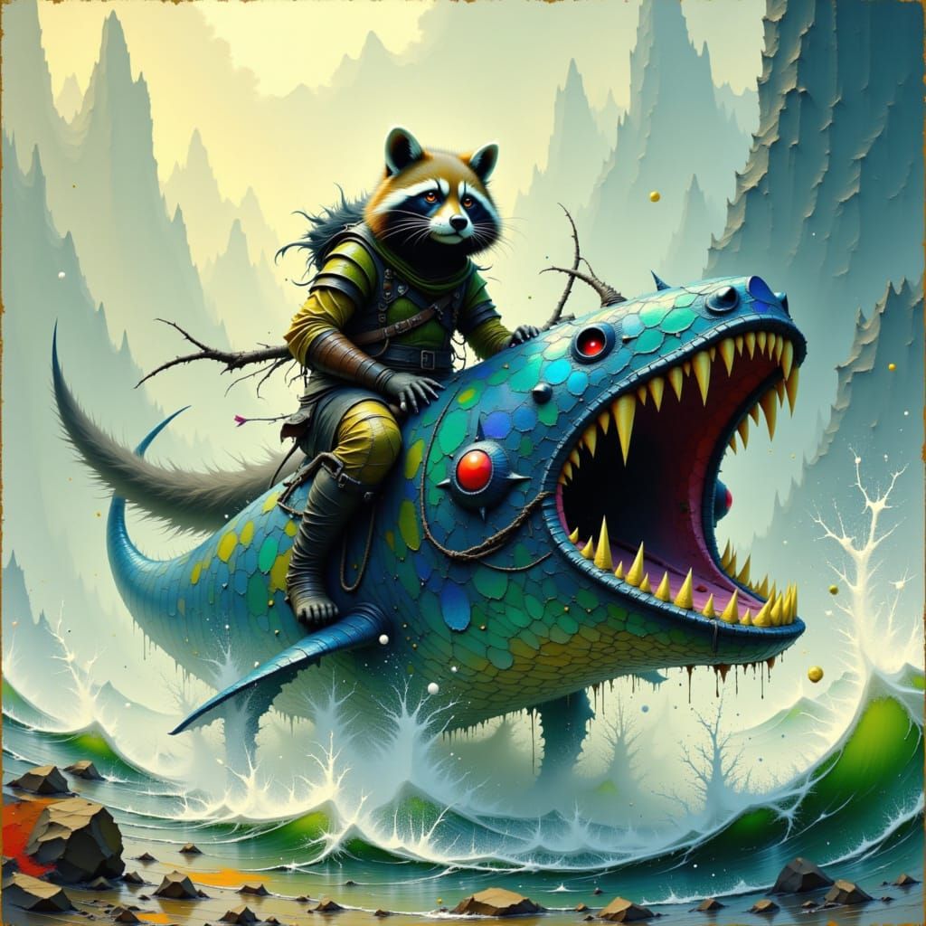 Armored Raccoon Rides Narwhal into Battle, Dreamlike Quality