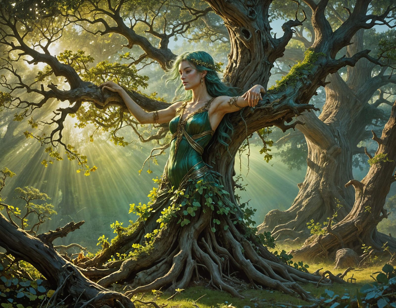 Dryad Emerging in Golden Light with Emerald Hair