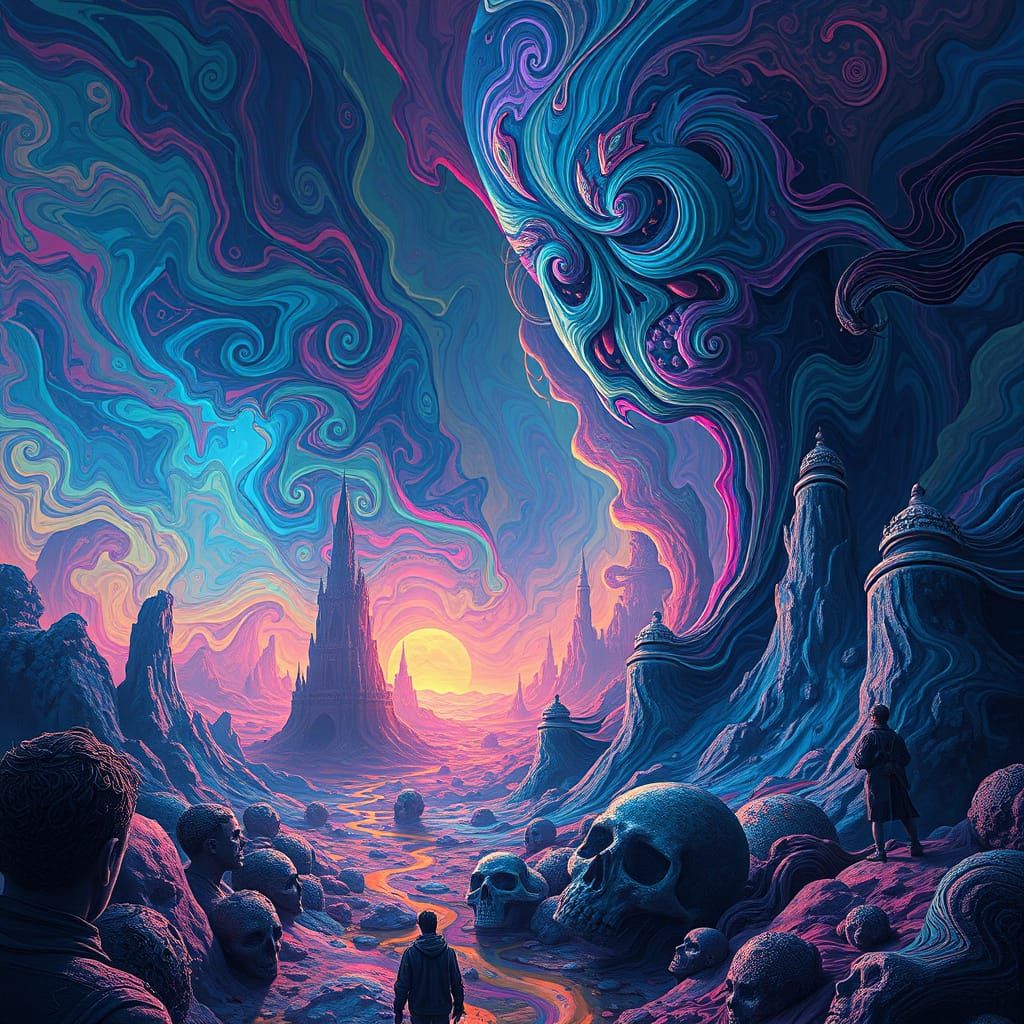 Surreal Futuristic Dreamscape in Vibrant Colors and Swirling...