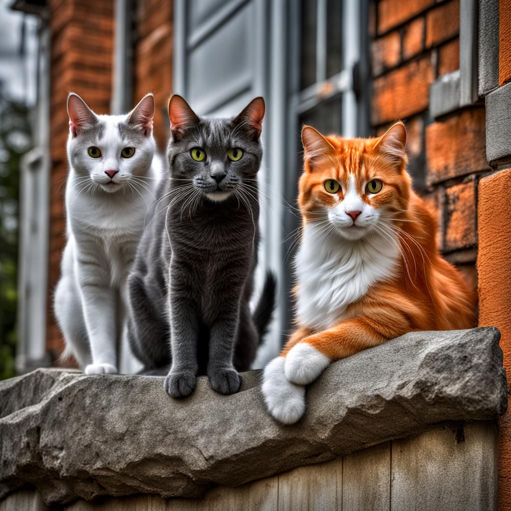 Three Mischievous Cats in Hyperrealistic Style