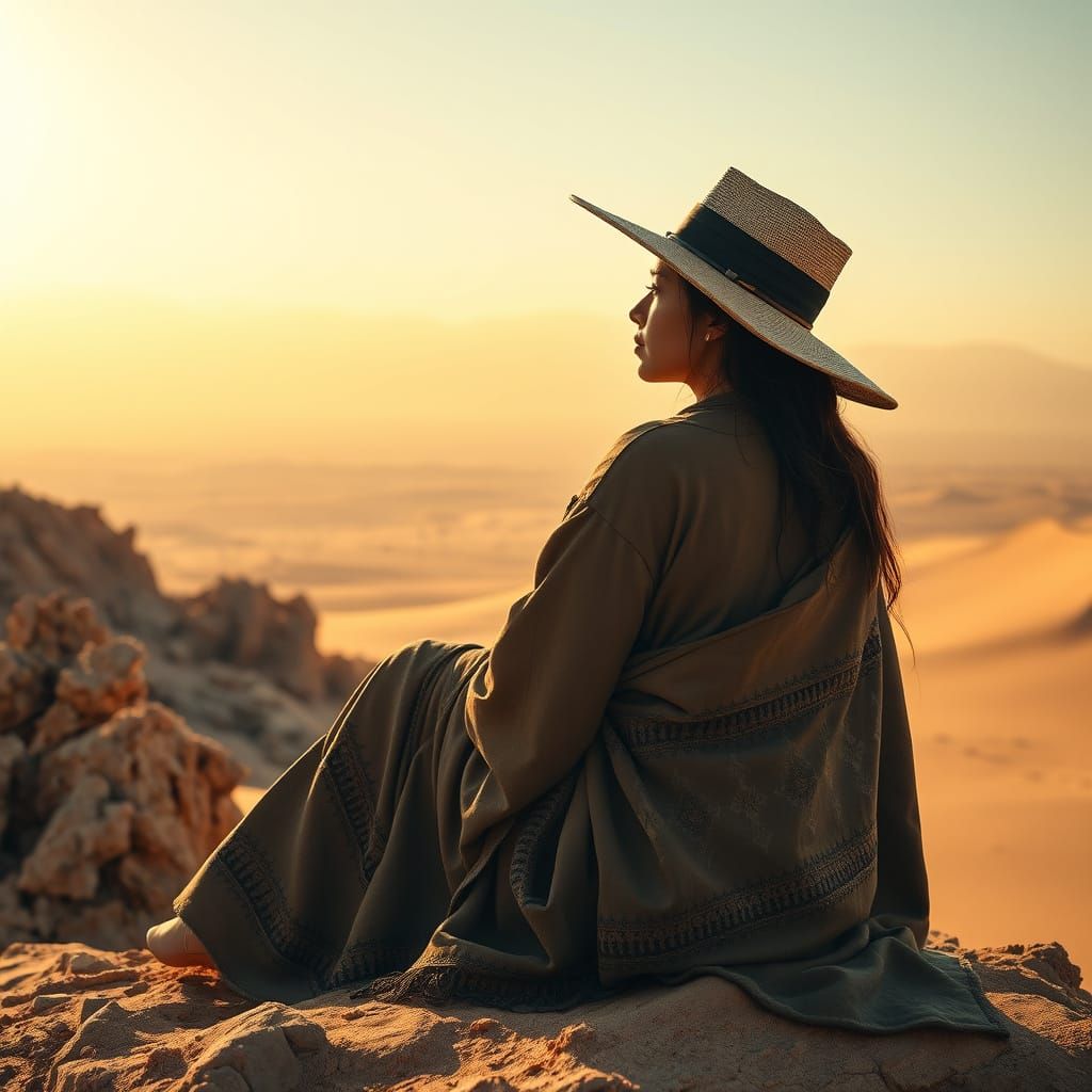 Desert Goddess Contemplates the Horizon in Golden Haze