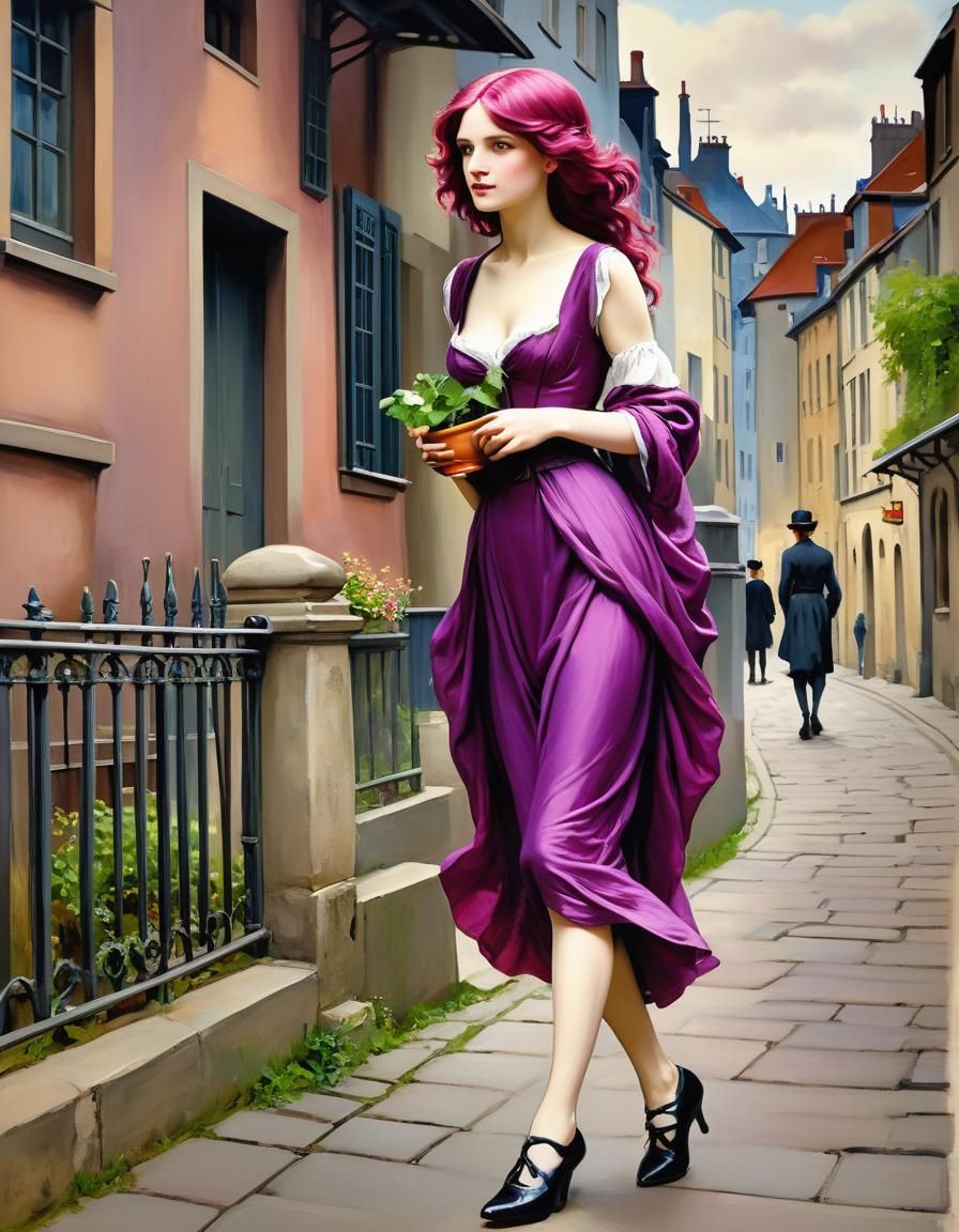 Pre-Raphaelite Woman in French Cityscape