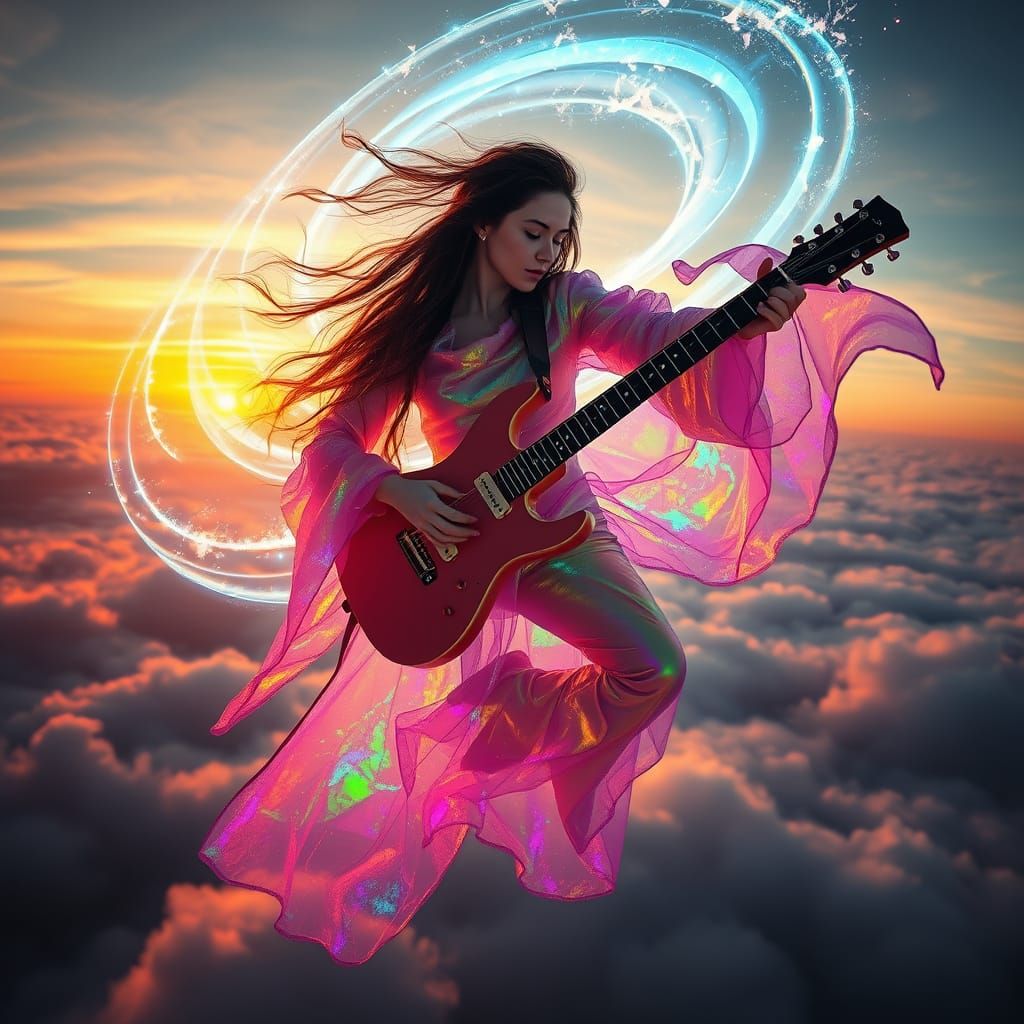 Futuristic Guitarist Artist in Flowing Fabrics Above Clouds ...