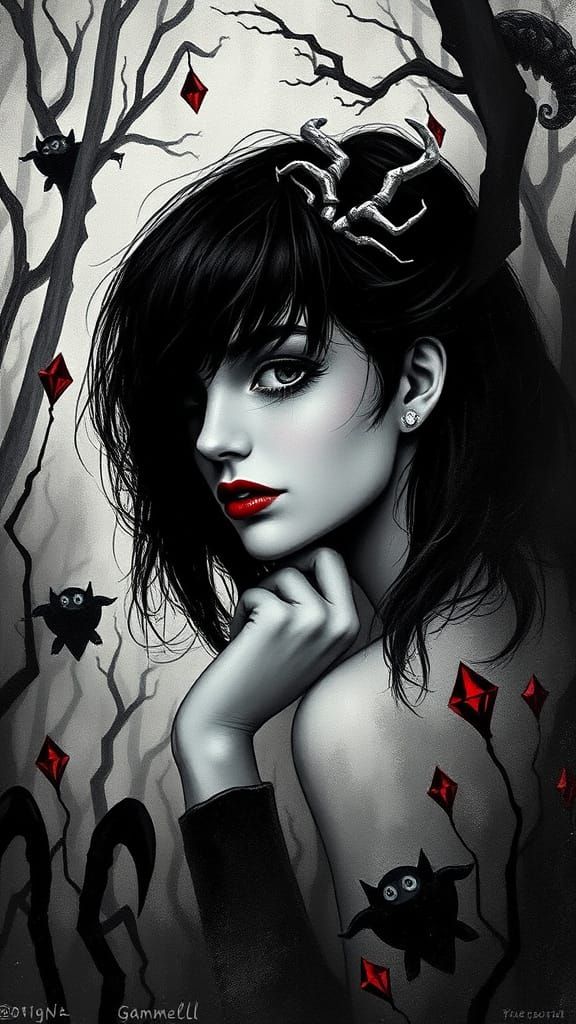 Surreal Queen of Diamonds Emerges from Noir Et Blanc Swamp