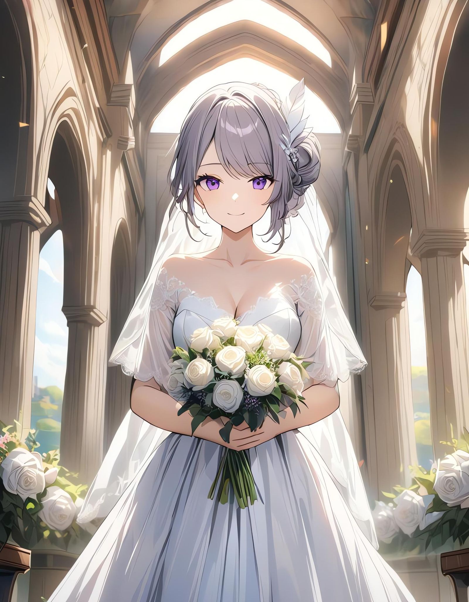 Woman with Gray Hair and Bouquet in Vivid Colors