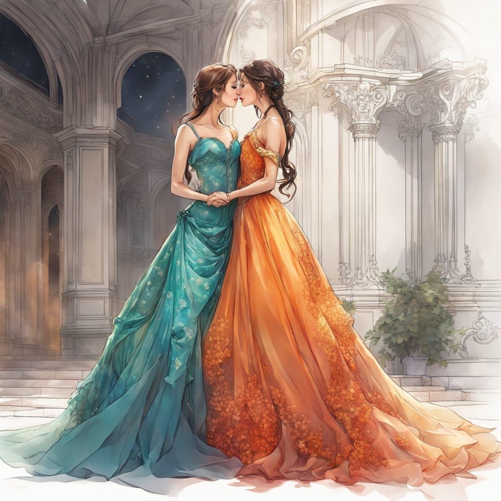 Ethereal Anime Women Kissing in Fire Gowns