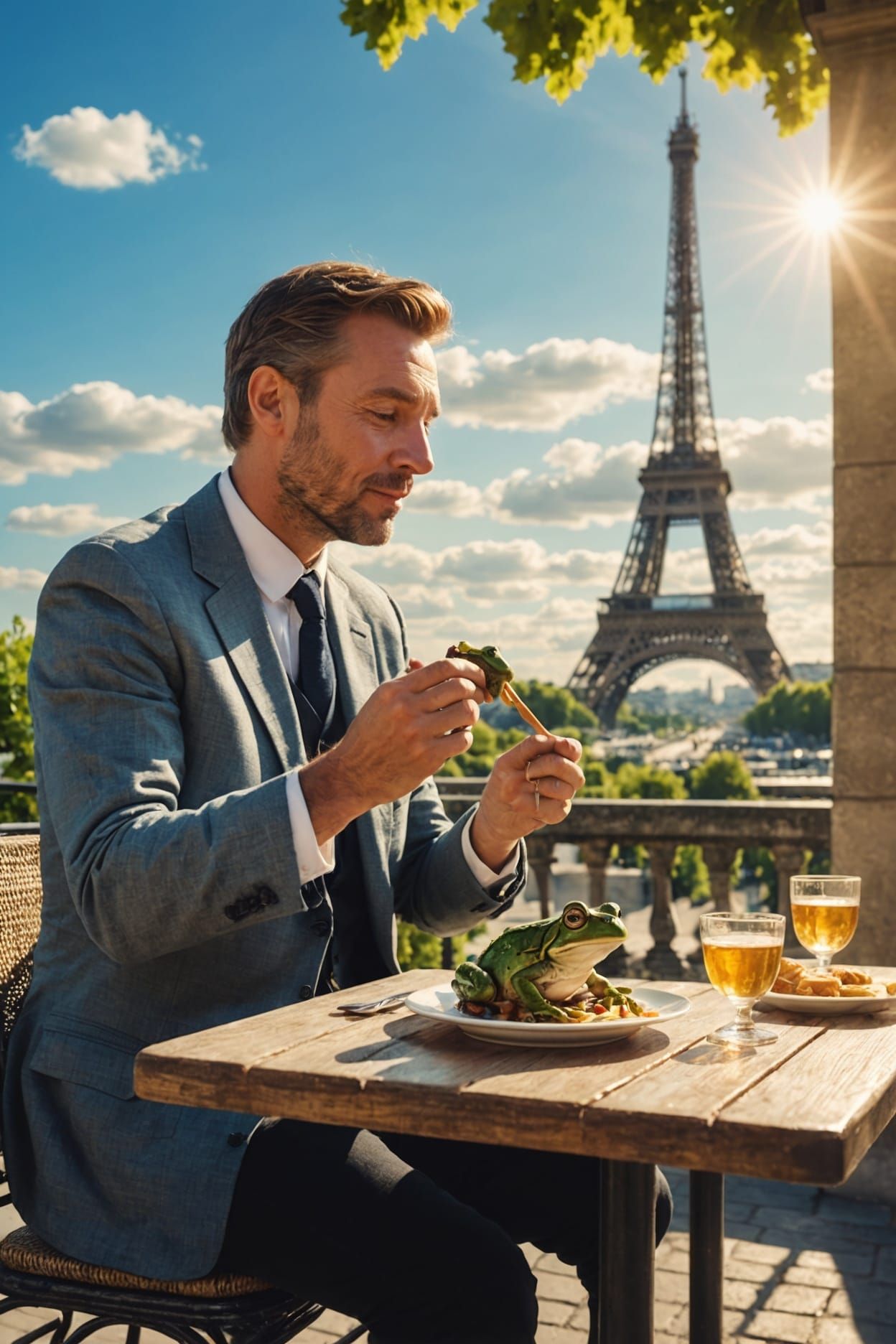 Man Eats Frog Legs in Paris Sunlight