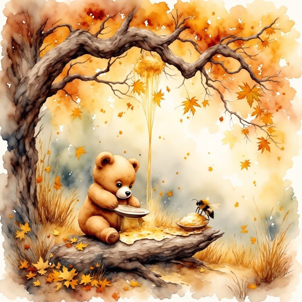 Bear and Bee Share Honey, Antique Watercolor