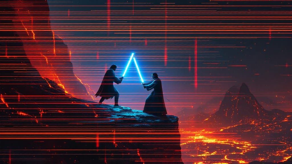 Cyberpunk Lightsaber Duel on a Volcanic Landscape