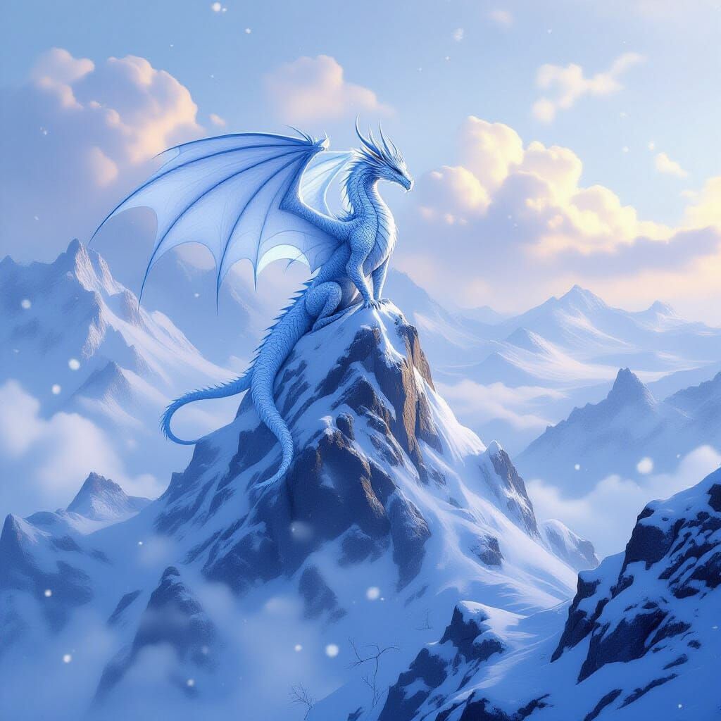 Majestic Ice Dragon on Snowy Mountain Peak