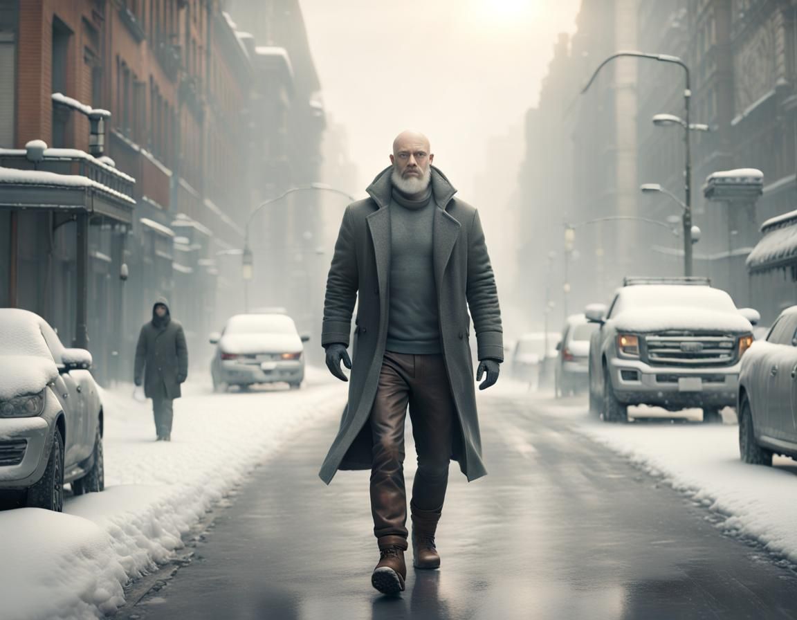 Man Walks on Snowy Street: Digital Matte Painting