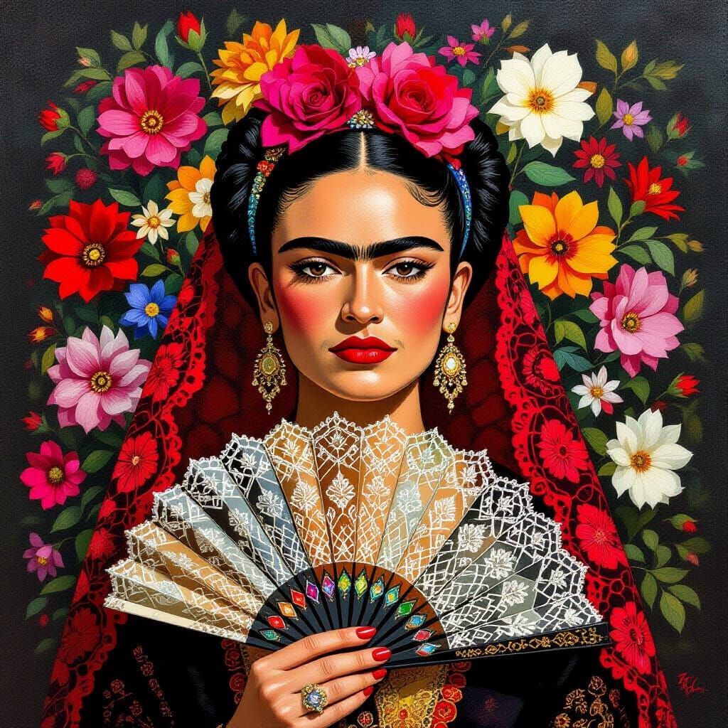 Elegant Latina Woman with Jeweled Fan in Frida Kahlo Style