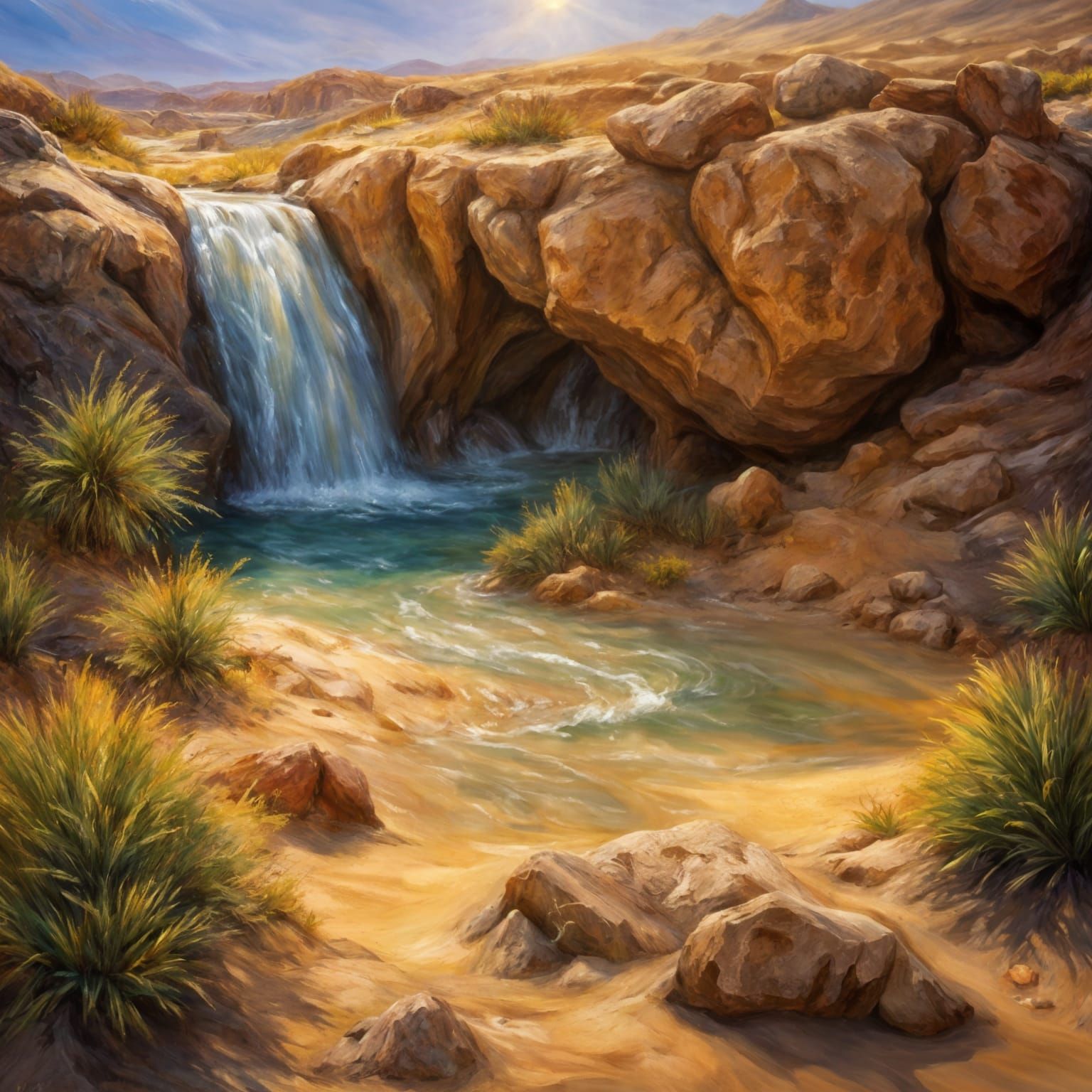 Desert Waterfall Oil Painting in Impressionistic Style
