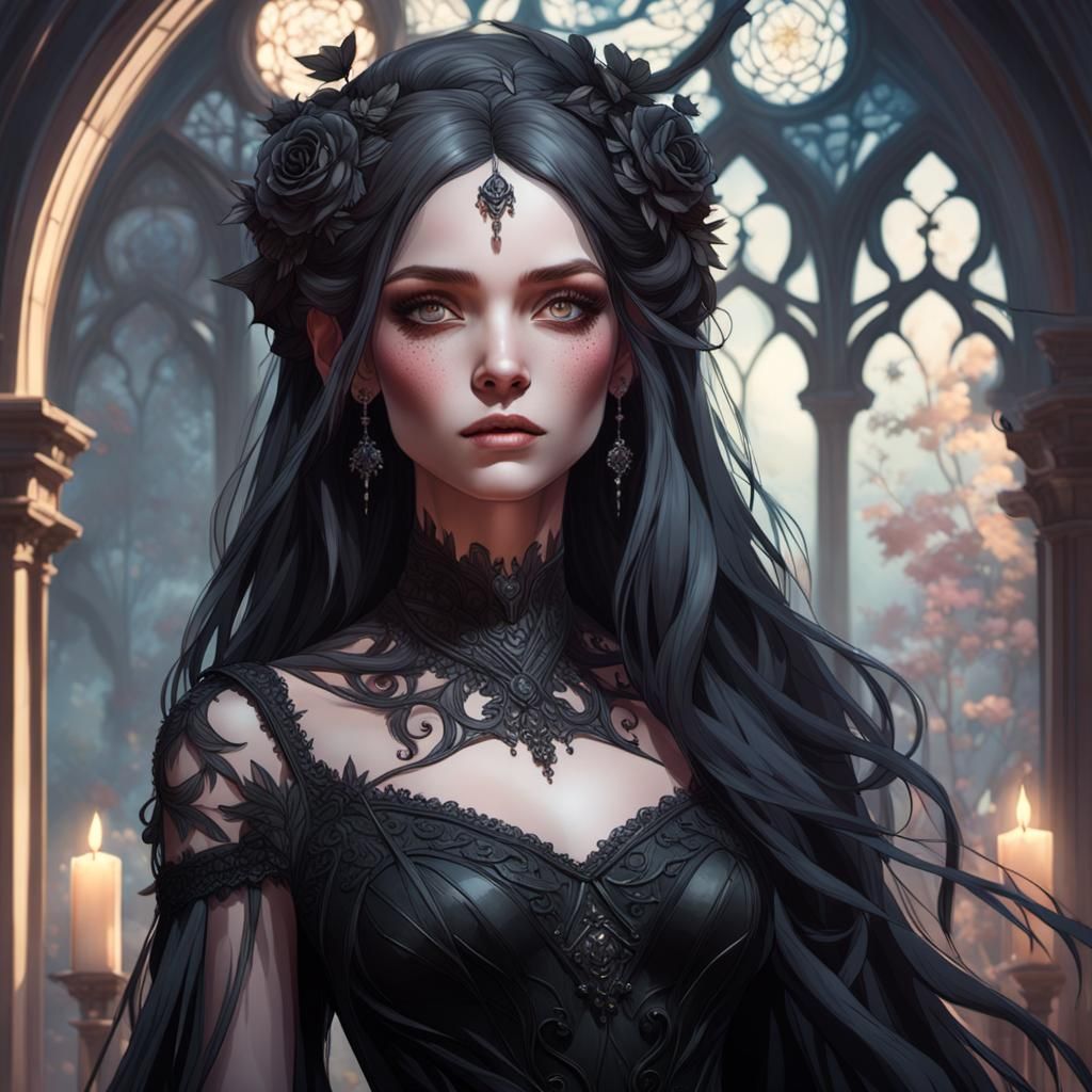 Gothic Nymph in Black Wedding Dress Portrait