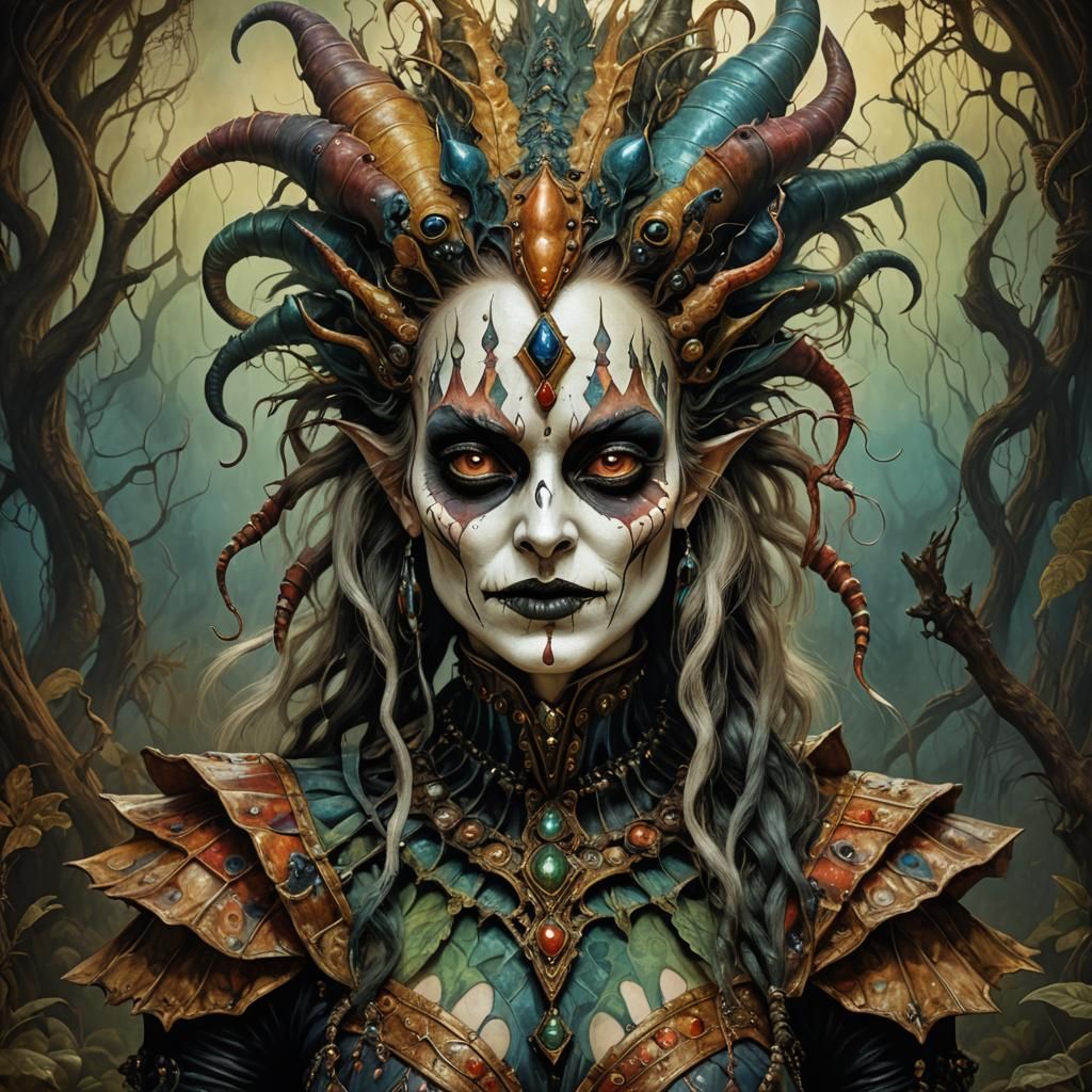 Harlequin Monster Girl Portrait in Tonalism Style