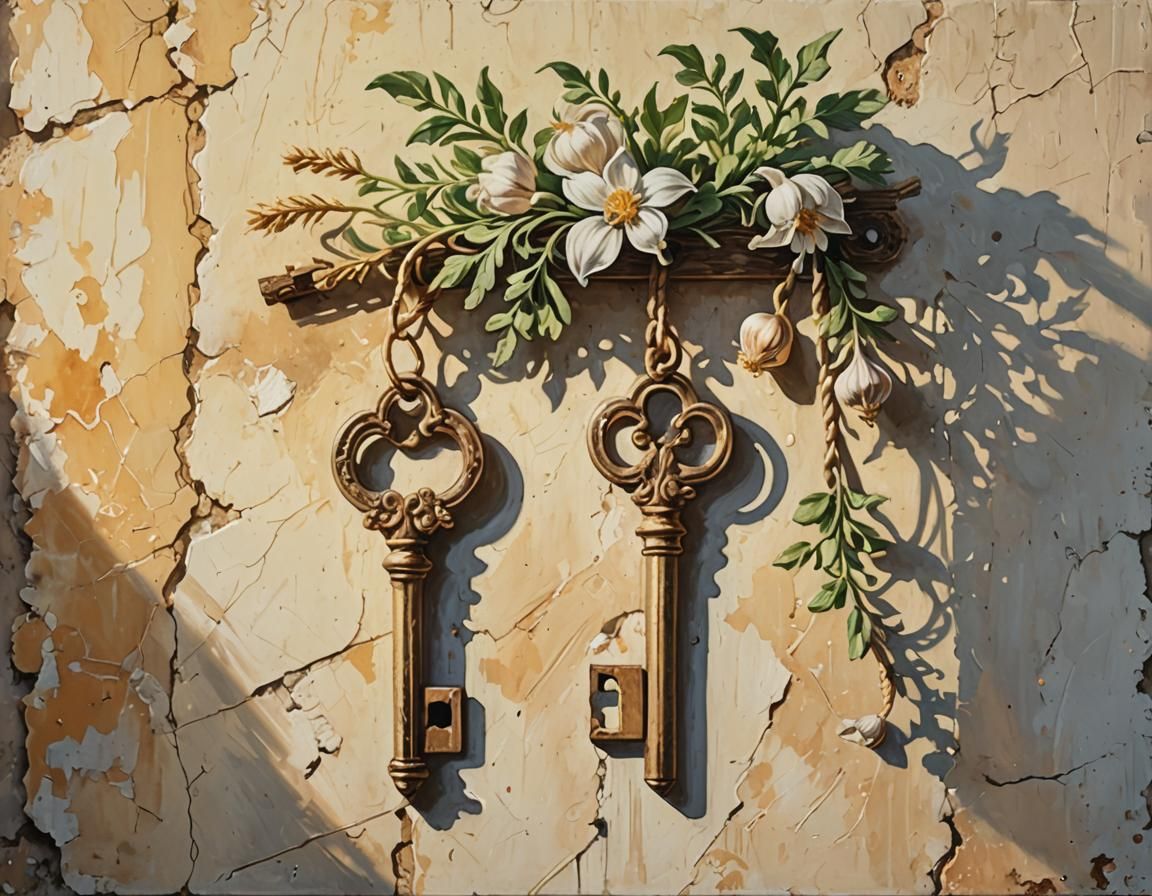 Old Key with Herbs in Impressionistic Style