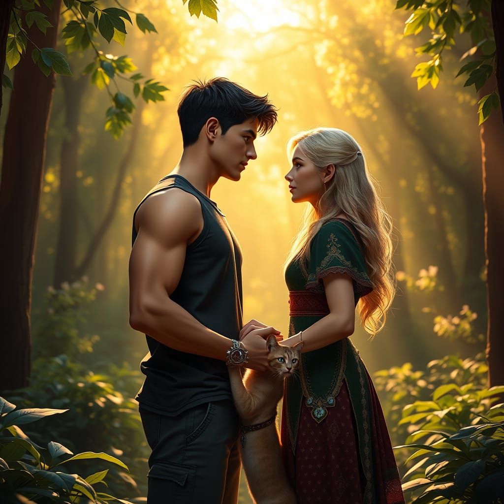 Hand in Hand in Lush Forest, a Magical Moment