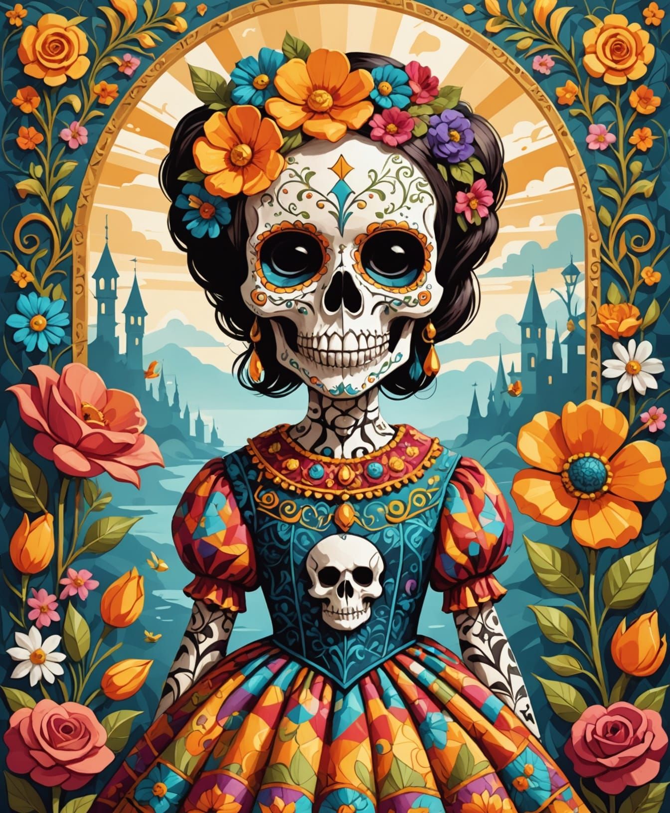SKULL Portrait in Ornate Floral Dress with Duck