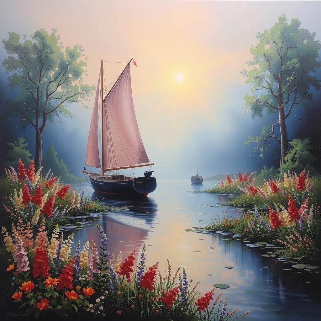 Mystical Sailboat Amidst Enchanted Wildflowers