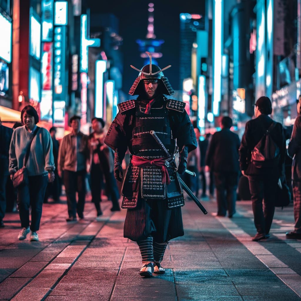 Street Samurai in Tokyo at Night: Cyberpunk Scene