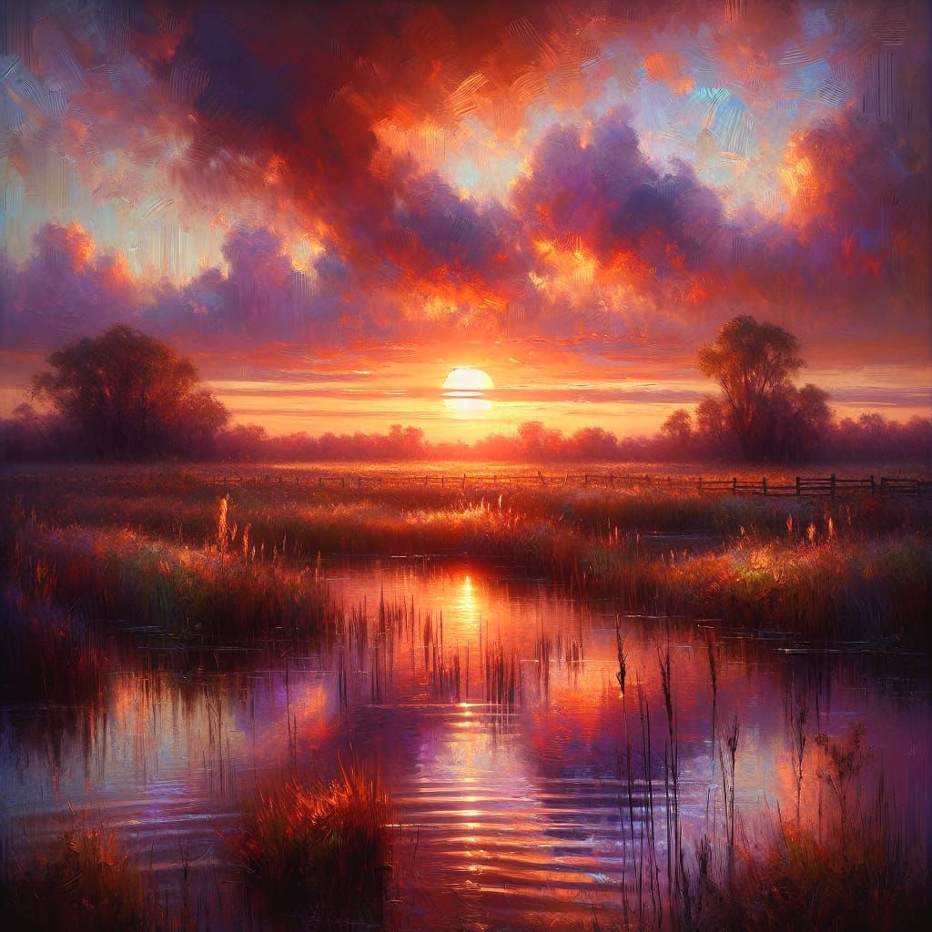 Romantic Impressionist Sunset Over Tranquil Wetlands