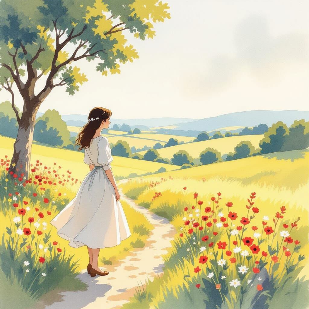 Woman in Sunlit Landscape, Watercolor Illustration