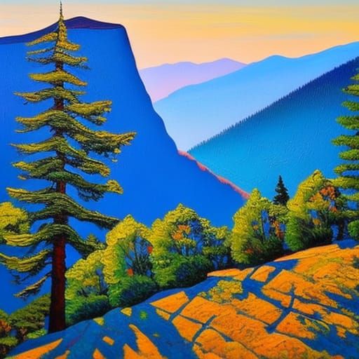 Hiker Gazing at Half Dome: Neo-Impressionist Oil Painting