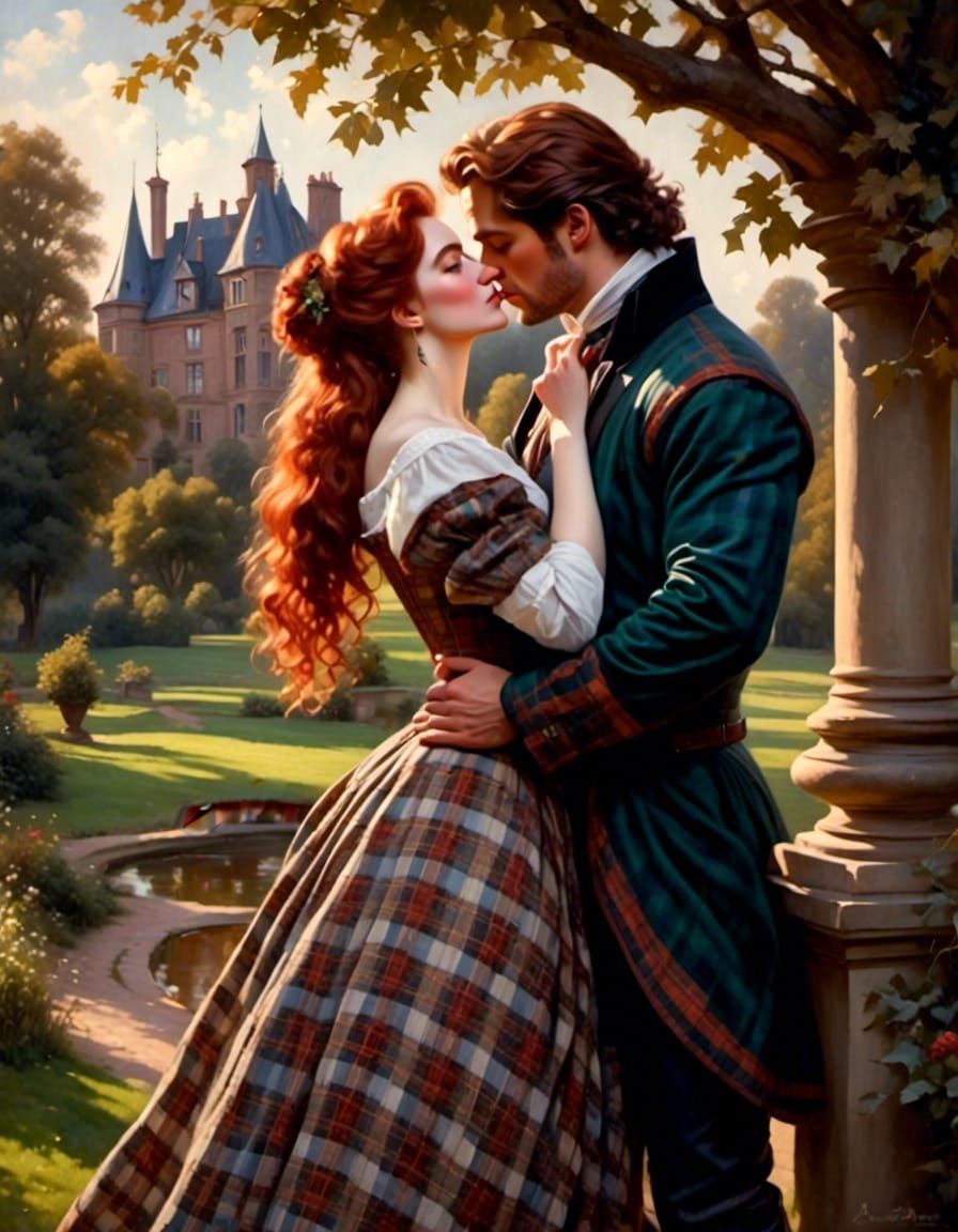 Victorian Woman's Romantic Kiss in Park